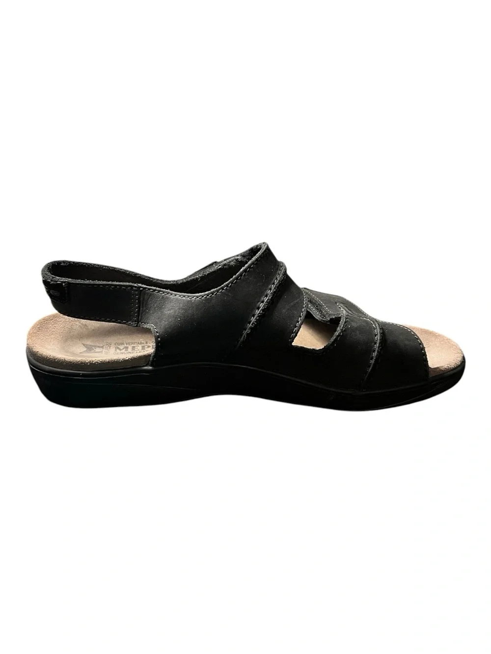 Mephisto Black Leather Sandal with Suede Footbed